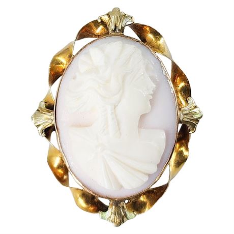 Vintage 10K Gold High Relief Angelskin Cameo Brooch/Pendant