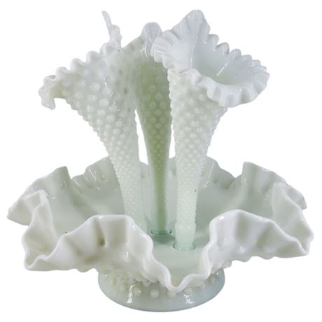 Vintage Fenton Milk Glass Hobnail 3-Horn Epergne Ruffled Center Piece Vase