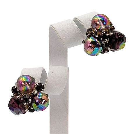 Vintage Vogue Aurora Borealis Bead Cluster Rhinestone Clip Earrings