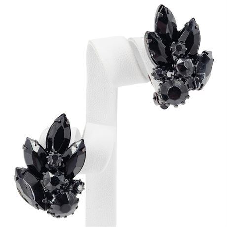 Vintage WEISS Prong Set Black on Black Rhinestone Navette Clip Earrings
