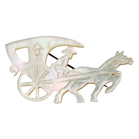 Vintage Carved Mother of Pearl Horse Drawn Carriage Brooch