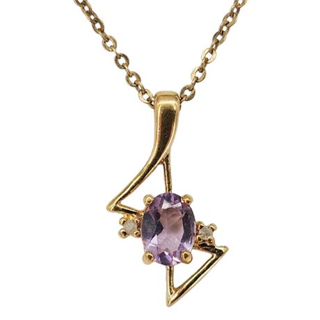 Vintage LIND Gold Tone Genuine Amethyst & Diamond Pendant Necklace