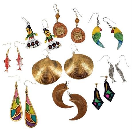 Nine Pairs Unique Vintage & Handmade Earrings