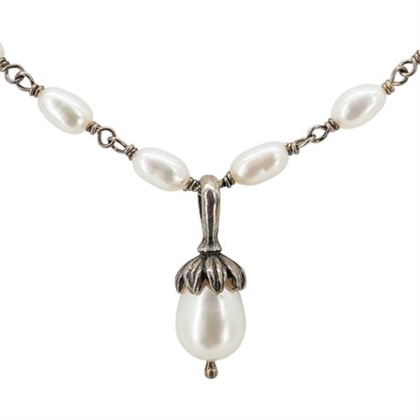 Sterling Silver & Genuine Freshwater Pearl Drop Pendant Necklace