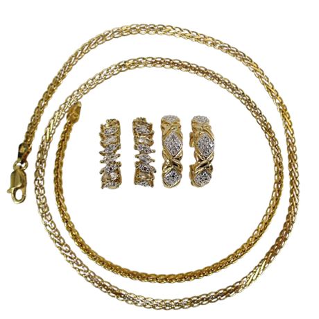 Ross-Simons & IBB 925 Vermeil Lot Flat Wheat Necklace & CZ Huggie Hoop Earrings