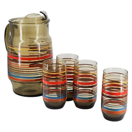 Vintage Libbey Smoke Glass Striped Pitcher & 4 Tumblers Set