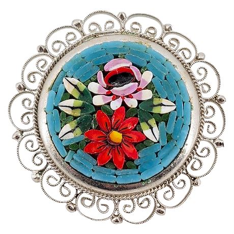 Vintage Italian Micro Mosaic Floral Filigree Brooch