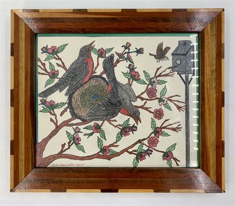Handmade Walnut, Maple & Mahogany Marquetry Frame. Spring Robin Watercolor