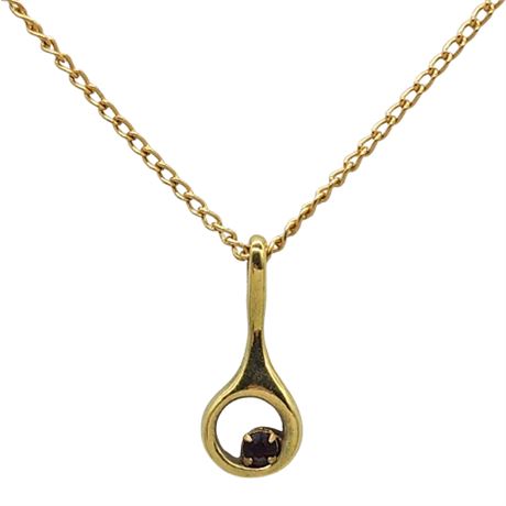 Vintage Dainty Gold Tone Red Rhinestone Pendant Necklace