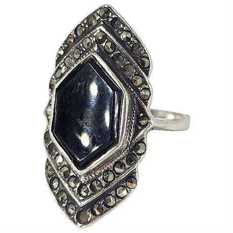 Vintage Art Deco Sterling Silver Marcasite & Black Onyx Ring, Sz 6.5