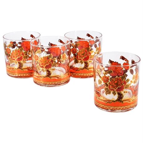 Mid-Century Pisinski-Washington Orange Gold Floral Double Rocks Glasses