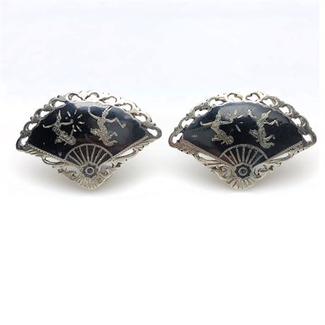 Vintage Siam Niello Enamel Thai Goddess Sterling Silver Fan Earrings