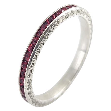 Signed Vintage ORLANDO Engraved Sterling Silver Red Crystal Eternity Ring, Sz 5