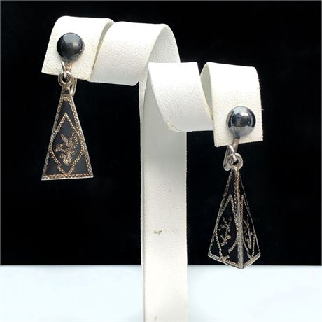 Vintage Siam Niello Enamel Thai Goddess Sterling Silver Pyramid Earrings