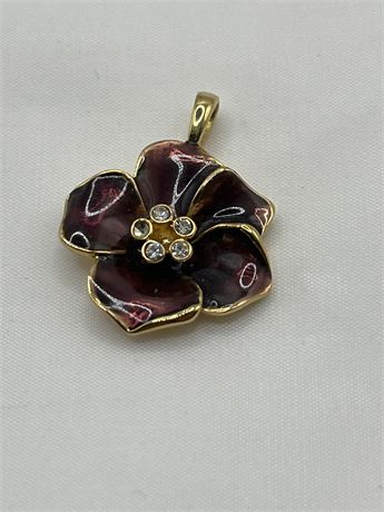 Enamel gold tone, purple with rhinestone center flower pendant