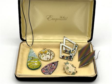 Enamel Pendant, Earrings, Bright Colored Jewel Lot