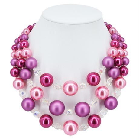 Vintage JAPAN 3-Strand Chunky Pink Faux Pearl & AB Crystal Beaded Necklace