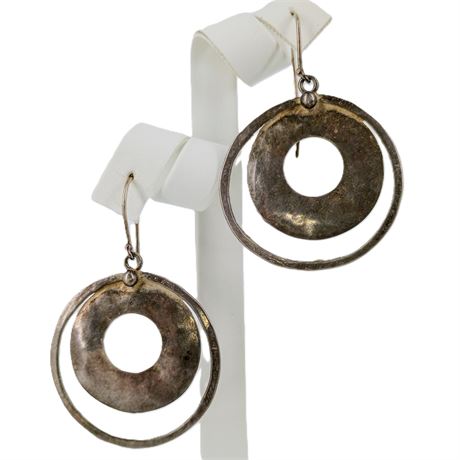 Vintage 925 Silver Hammered Earrings in Circular Drops