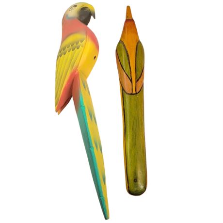 Pair Wooden Decorative Carved Birds Tiki Bar Decor