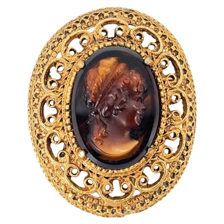 Vtg FLORENZA Tortoise Shell Glass Cameo Filigree Brooch