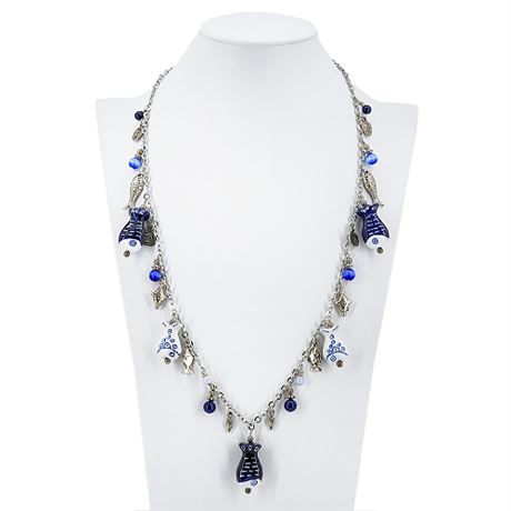 Vintage Silver Tone Blue & White Fish Themed Charm Necklace