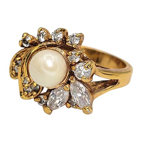 Gold Plated Genuine Pearl & CZ Ring