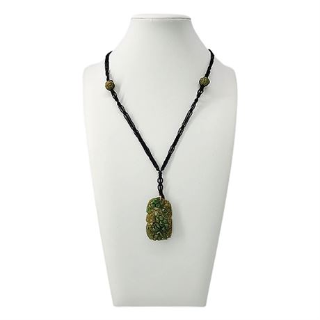 Carved Jade Charm on Braided Cord Necklace