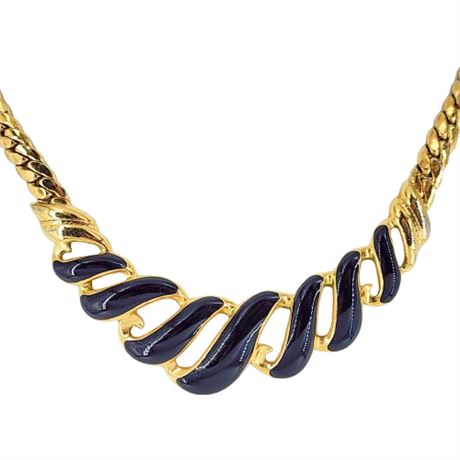 Signed Vintage TRIFARI Gold Tone Black Enamel Swirls Necklace