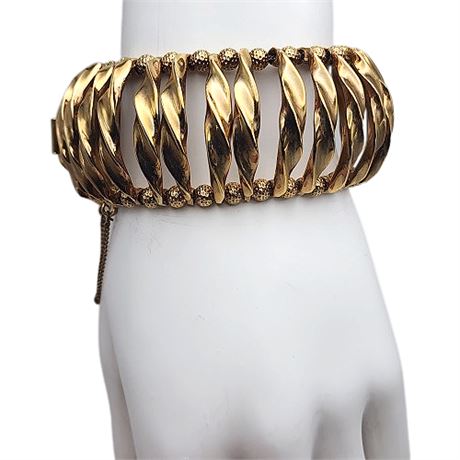 Wide Crown Trifari Gold Tone Caged Bracelet
