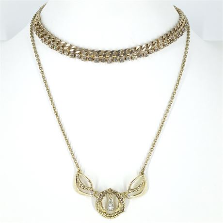 Vintage Gold-Tone Necklaces with Rhinestones and Drop Pendant
