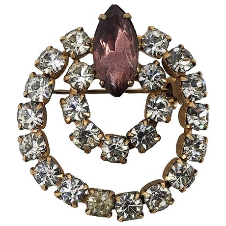 Vintage Double Circle Prong Set Rhinestone Brooch