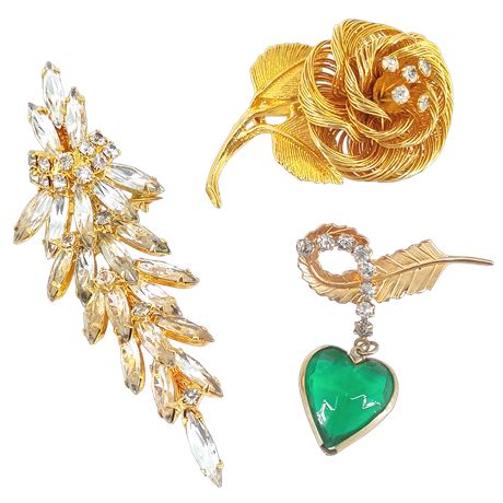 Gold-Tone Floral & Leaf Rhinestone Brooches, 1950s - 1970s