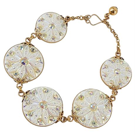 Vintage HILLCRAFT White Carnival Glass Aurora Borealis Rhinestone Bracelet
