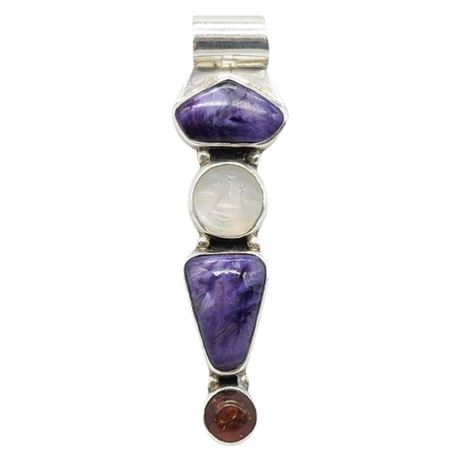 Signed MONIKA Sterling Silver Moonstone Moon Face, Charoite & Amber Pendant
