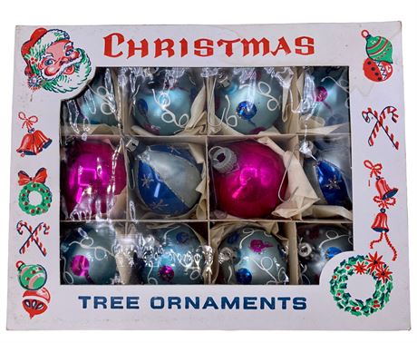12 pc Polish & USA Vintage Glittered Glass Christmas Ornaments in a Early Box