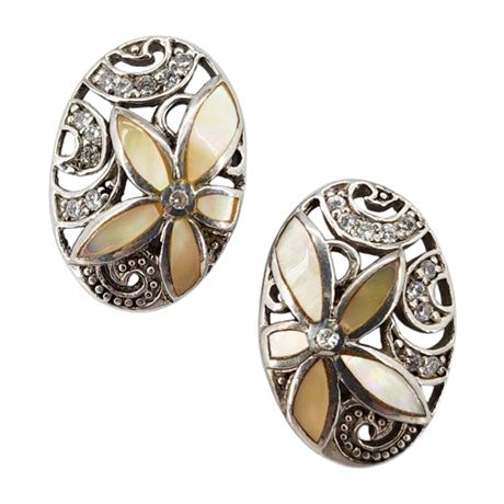 Vintage Sterling Silver Mother of Pearl & CZ Flower Post Back Earrings