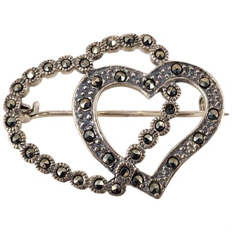 Signed Vintage Sterling Silver Marcasite Hearts Brooch