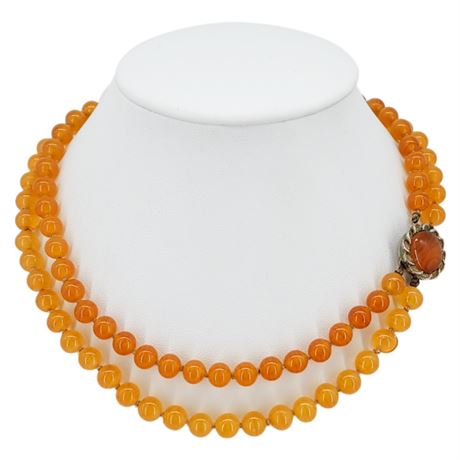 Vtg Hand Knotted 2-Strand Amber Glass Necklace