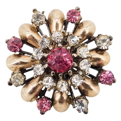 Vintage Small Pink & Clear Rhinestone Burst Brooch