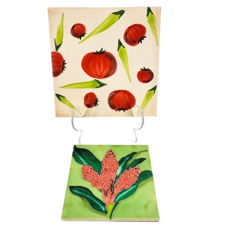 Pair Flower and Veggie Ceramic Trivets