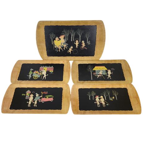 Kentley "The Romance of Fifi and Pepe" 5 Scene Wooden Buffet Trays