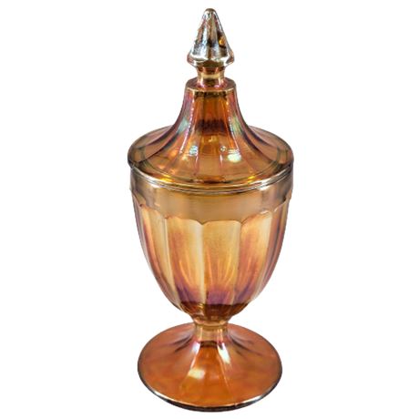 Marigold Carnival Glass Paneled Pedestal Dish with Lid