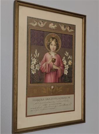 1928 Beautiful Polish Holy Communion Picture Child Angels Lilies Framed Ohio