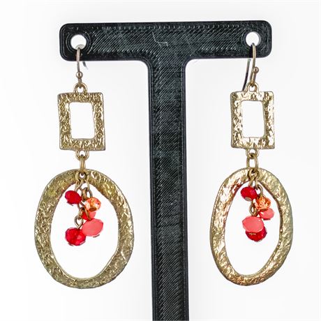 Gold-Tone Hammered Oval & Rectangle Dangle Earrings with Red Beads