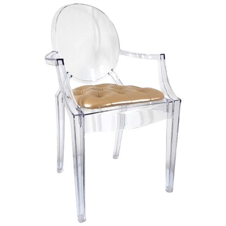 Modern Kartell Style Acrylic Louis Ghost Armchair w/ Gold Tufted Seat Cushion
