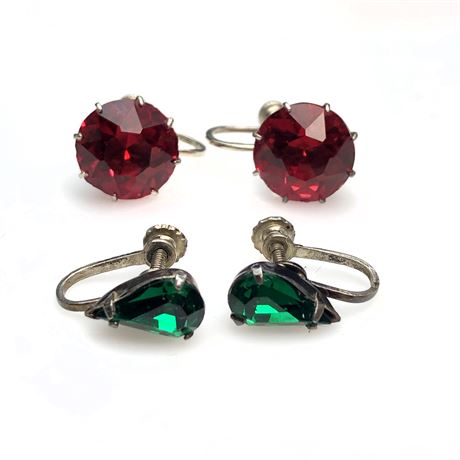 Vintage Red & Green Solitaire Rhinestone Earrings