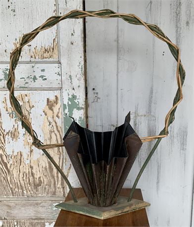 Funeral Parlor Woven Green Wicker & Fluted Metal Flower Basket
