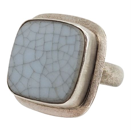 Signed AMY FAUST Sterling Silver Porcelain Ring, Sz 7