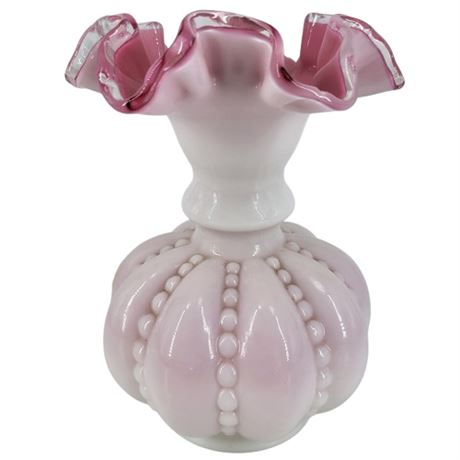 Vintage Fenton Pink Crest Beaded Melon Vase with Double Crimp Edge