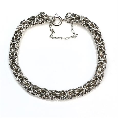 Vintage Sterling Silver Byzantine Bracelet w Safety Chain